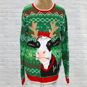 HOLIDAY TIME Sweater Christmas Ugly Velour Cow Reindeer Antler Green Unisex M